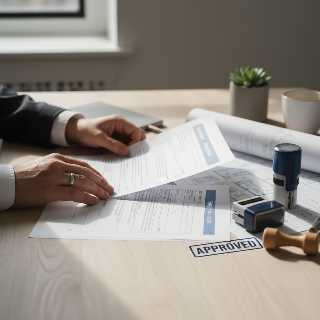 Zbliżenie na dłonie osoby siedzącej przy eleganckim, minimalistycznym biurku. Osoba ta starannie układa i przegląda dokumenty – widać fragment projektu technicznego, formularz wniosku oraz pieczątki. Światło padające z boku subtelnie oświetla papiery, nadając scenie profesjonalny i spokojny charakter.