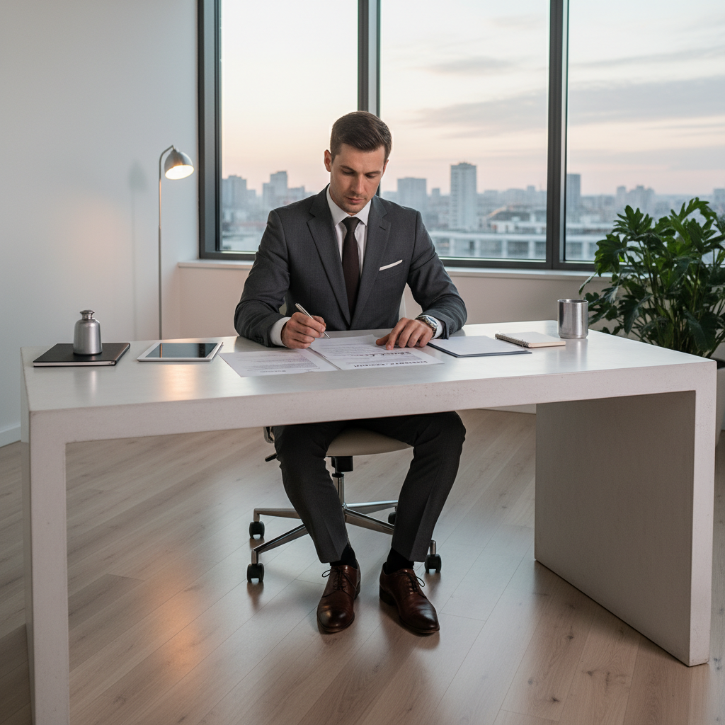 Elegancko ubrany przedsiębiorca siedzący przy biurku w nowoczesnym, minimalistycznym biurze, z troską i skupieniem analizujący dokumenty dotyczące umowy najmu. Stonowane, profesjonalne oświetlenie, w tle widoczne elementy wystroju biura, takie jak roślina doniczkowa i regał z książkami.