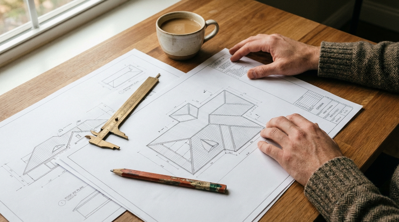 Estetyczne ujęcie z góry przedstawiające biurko architekta. Na stole leżą rozłożone plany i projekty techniczne dachu, suwmiarka, ołówek oraz filiżanka kawy. Dłonie osoby przeglądającej dokumenty są widoczne na krawędzi kadru. Zdjęcie ma ciepłą, profesjonalną atmosferę.