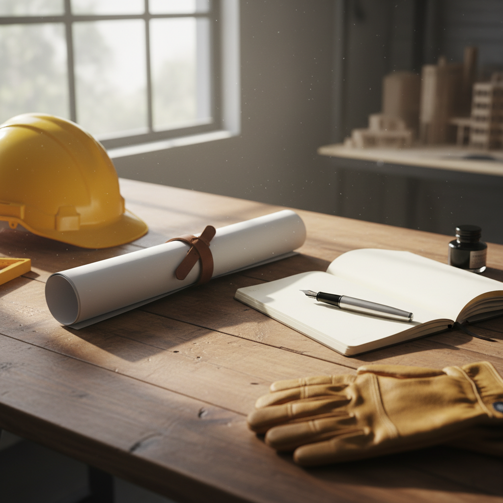 Estetyczna kompozycja na drewnianym biurku: zwinięty w rulon plan architektoniczny, otwarty notatnik z piórem, żółty kask ochronny i para skórzanych rękawic roboczych. Światło z okna pada na blat, tworząc atmosferę planowania i przygotowań do prac budowlanych.