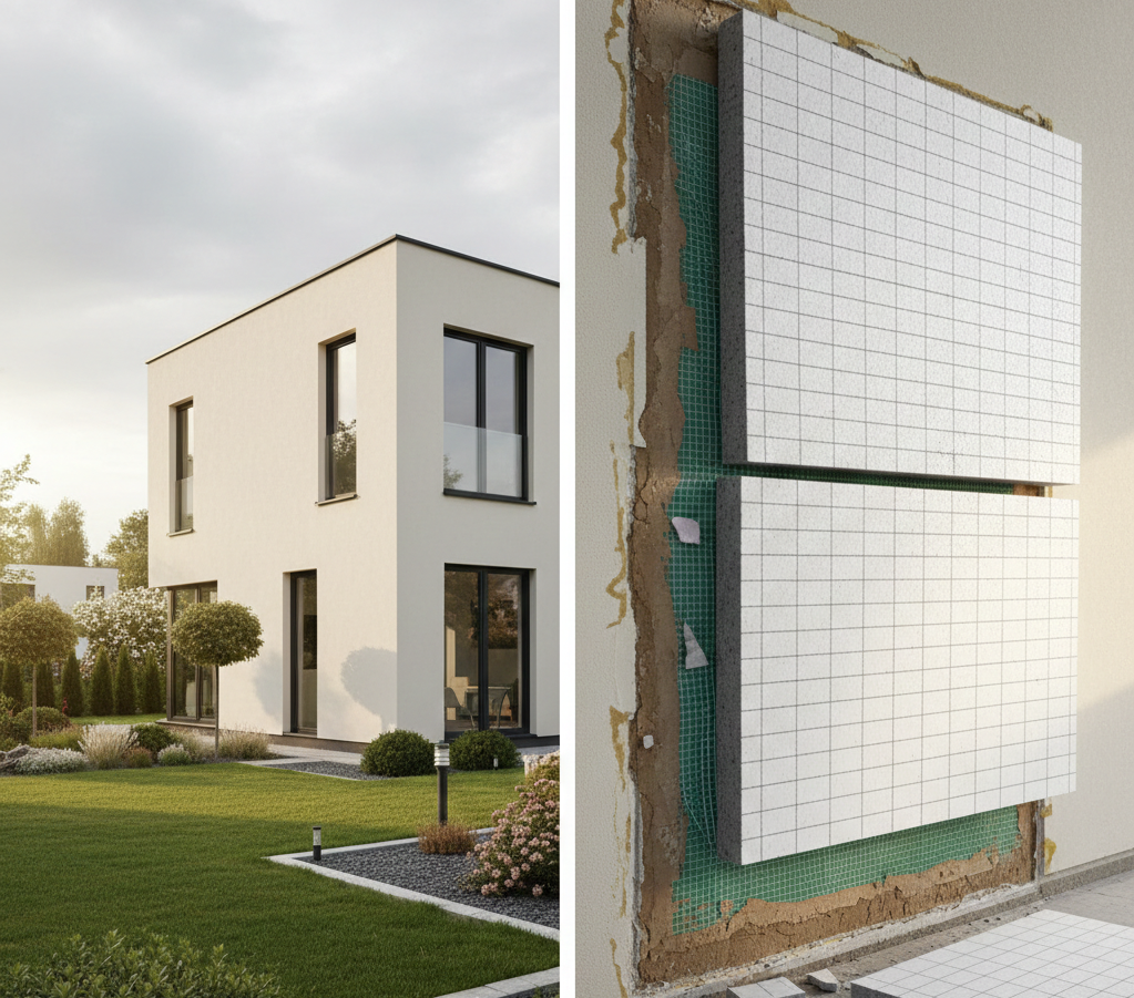 Nowoczesny dom jednorodzinny o prostej, minimalistycznej bryle, z idealnie wykonaną, jasną elewacją. Słońce delikatnie oświetla jedną ze ścian, podkreślając jej gładką fakturę i perfekcyjne wykończenie. W tle widać zadbany ogród. Obraz ma ciepły, aspiracyjny charakter, kojarzący się z bezpieczeństwem i komfortem.