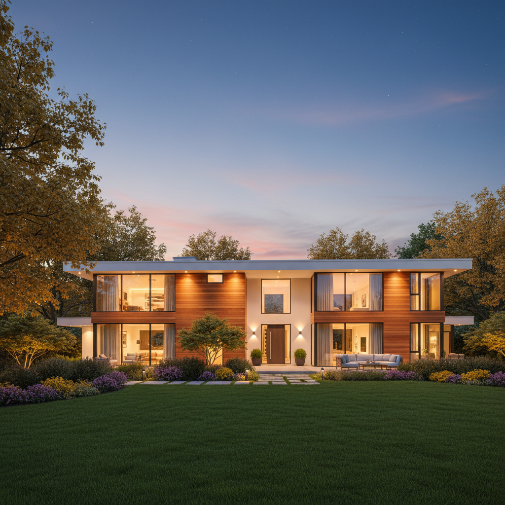 Zmodernizowany dom z lat 70-tych, elegancka biała elewacja z drewnianymi wstawkami, duże panoramiczne okna, zadbany ogród, ciepłe oświetlenie wieczorne.