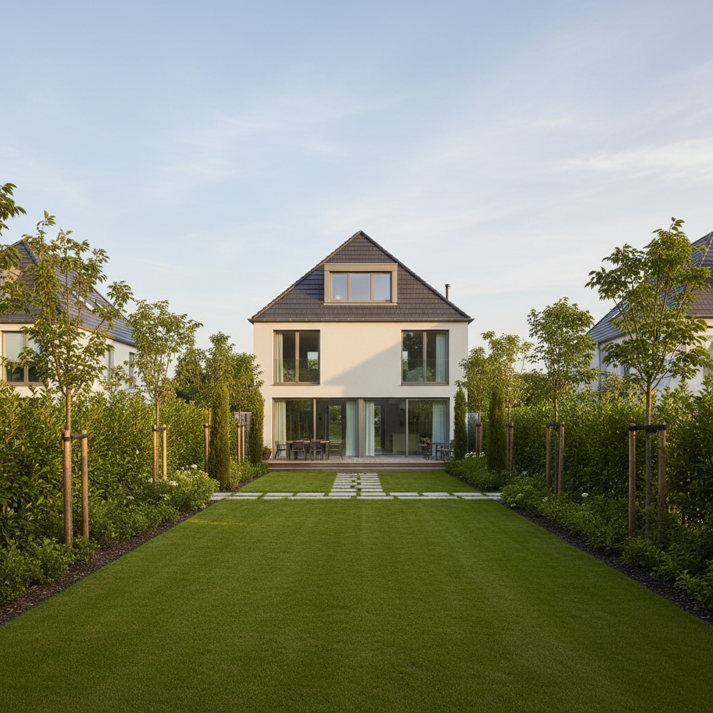 Nowoczesny, dwukondygnacyjny dom z poddaszem użytkowym i jasną elewacją, idealnie wkomponowany w wąską, zieloną działkę. Dom ma dwuspadowy dach, duże przeszklenia od strony ogrodu. Słońce delikatnie oświetla budynek, tworząc ciepłą, przyjazną atmosferę. Styl fotorealistyczny, ujęcie z perspektywy ogrodu.