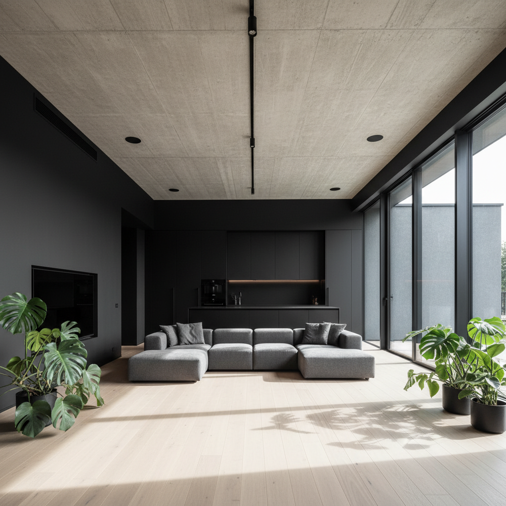 Szeroki, panoramiczny kadr przedstawiający otwartą przestrzeń dzienną w nowoczesnym domu. Dominują czarne ściany i betonowy sufit. Centralnym punktem jest duża, modułowa sofa w ciemnoszarym kolorze. Przez ogromne okna od podłogi do sufitu wpada naturalne światło, oświetlając drewnianą podłogę i zielone rośliny doniczkowe. W tle widać fragment kuchni z czarnymi frontami. Wnętrze jest minimalistyczne, ale emanuje ciepłem i spokojem. Fotografia w stylu magazynu architektonicznego.