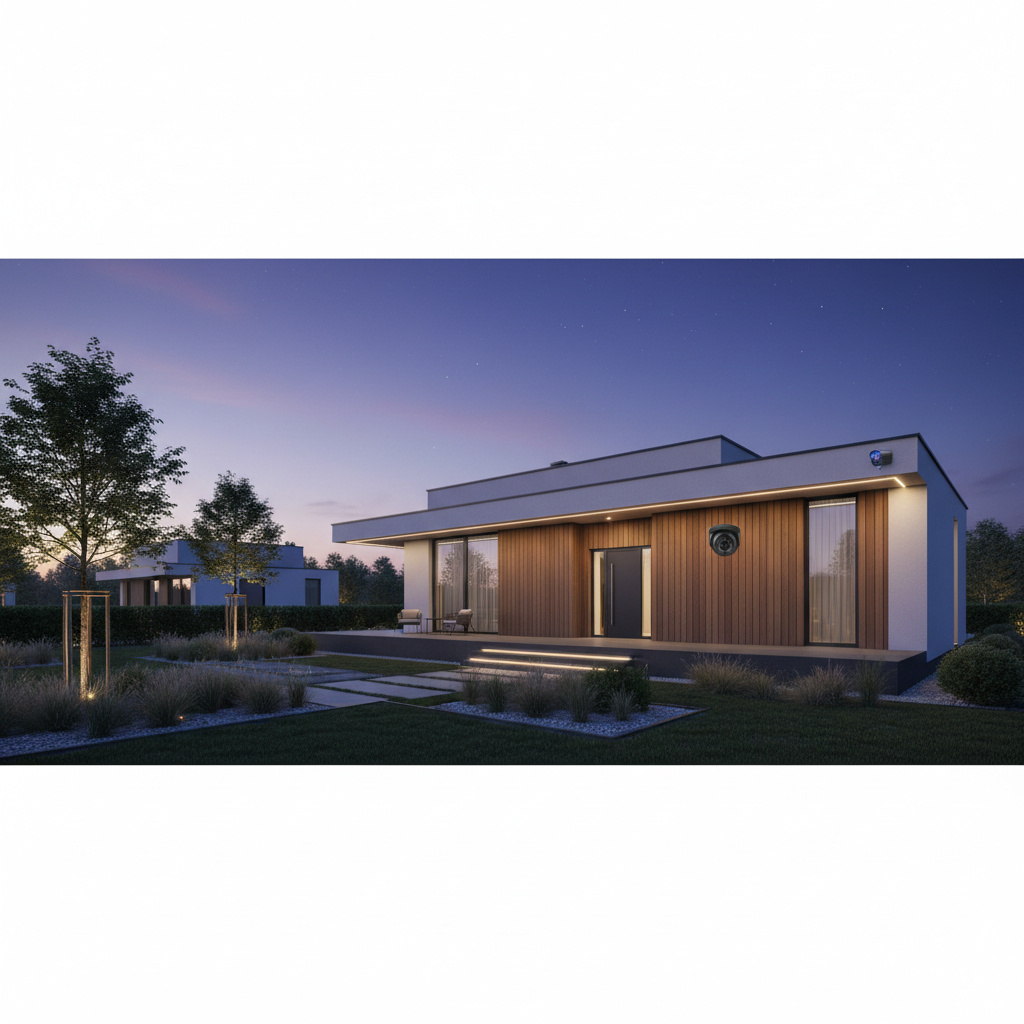 Przytulne wnętrze salonu w ciepłych kolorach. Wygodna sofa i lampa podłogowa dająca miękkie światło. Za dużym oknem widać dramatyczne, burzowe niebo z błyskawicą w oddali. Wnętrze domu sprawia wrażenie bezpiecznej przystani.