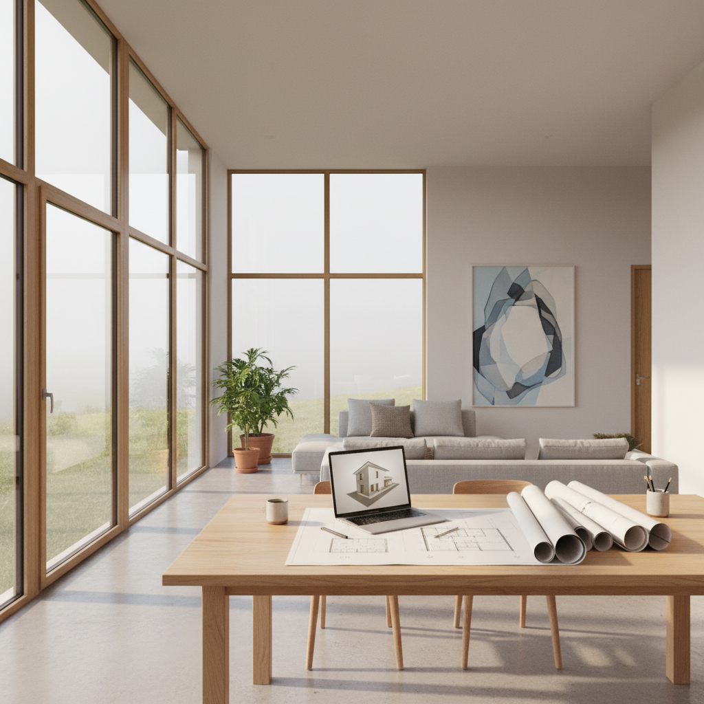 Jasne, nowoczesne wnętrze domu jednorodzinnego w stylu minimalistycznym. Na dużym drewnianym stole w salonie leżą rozłożone plany architektoniczne i laptop. Przez wielkie okna wpada słońce, oświetlając przestrzeń. Wnętrze emanuje spokojem i poczuciem bezpieczeństwa.