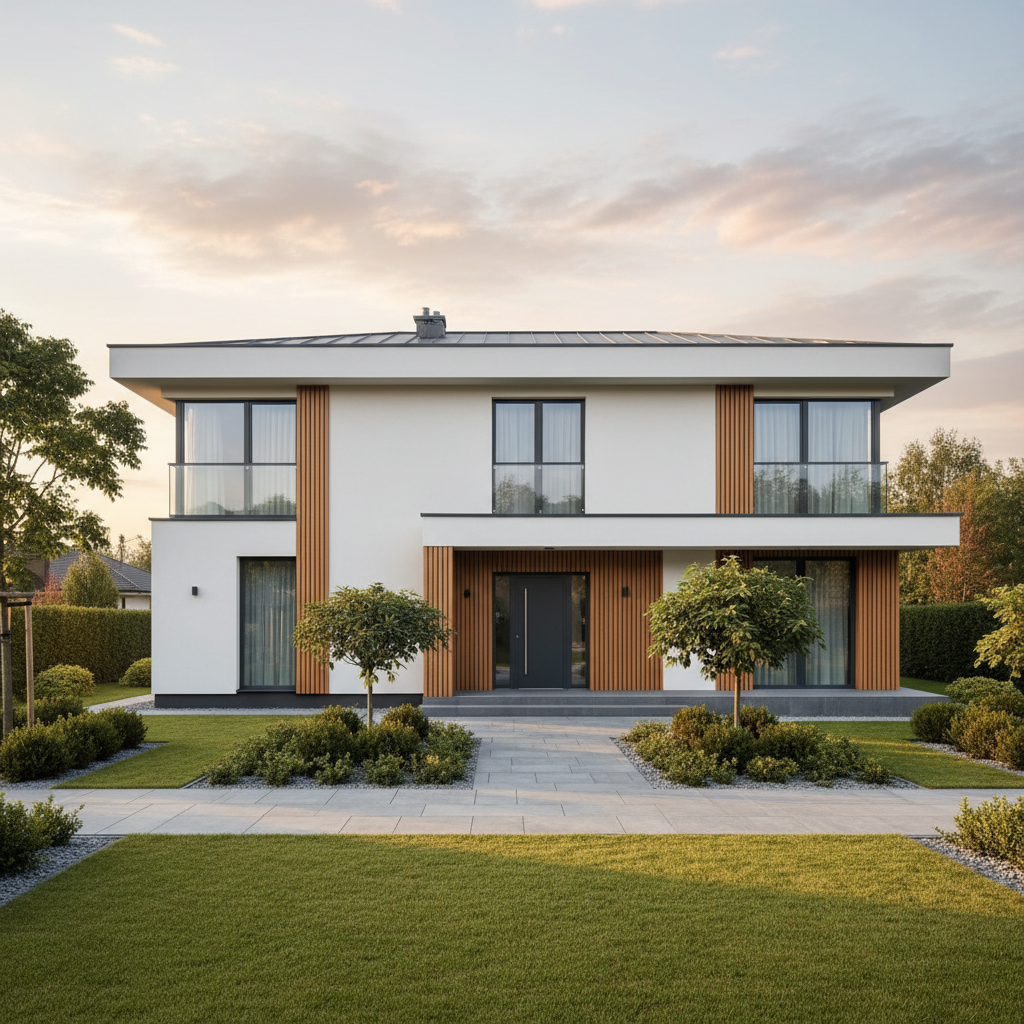 Fotorealistyczne ujęcie nowoczesnego domu z białą elewacją, dużymi oknami w antracytowych ramach oraz akcentami z ciepłego, naturalnego drewna. Dom otoczony jest zadbanym ogrodem, a scena skąpana jest w miękkim, porannym słońcu.