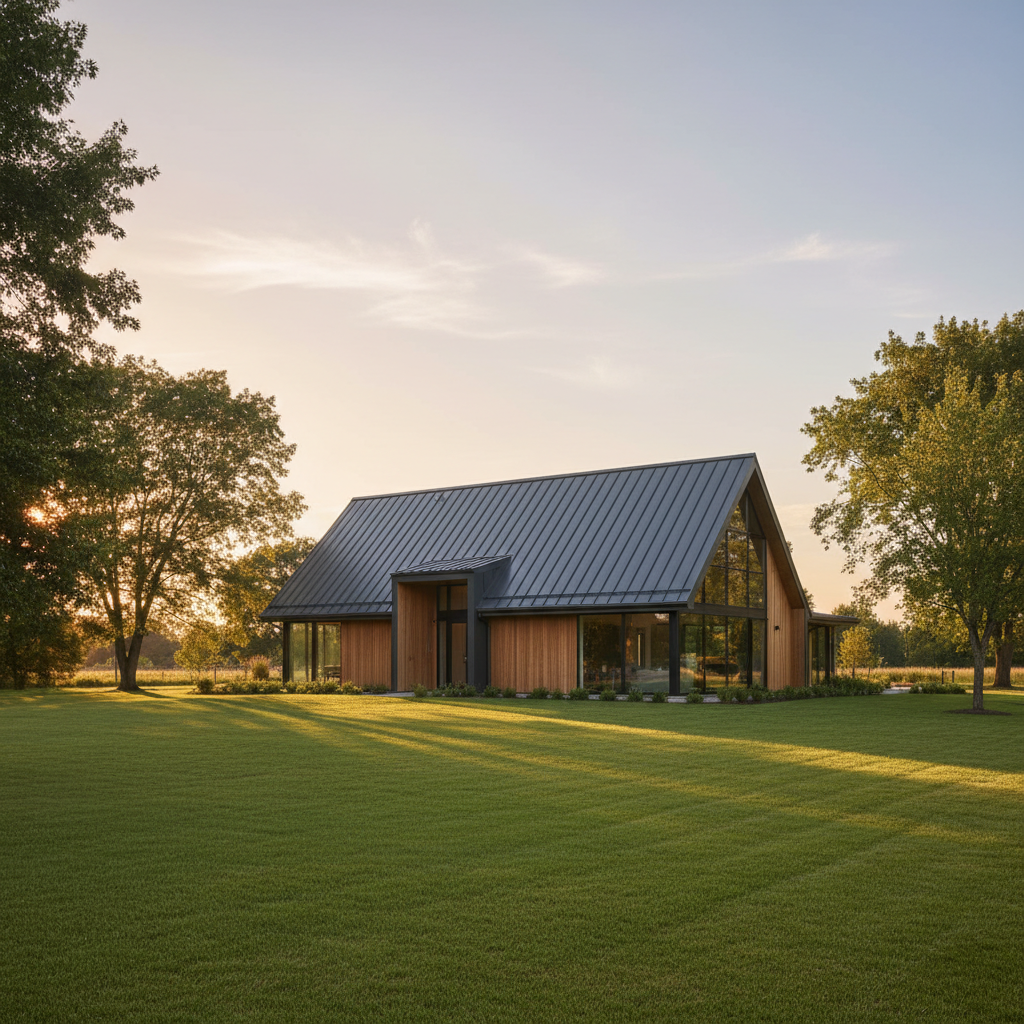 Nowoczesny dom w stylu stodoły z eleganckim, ciemnoszarym dachem z blachy na rąbek stojący (blachodachówka). Budynek otoczony jest zadbanym zielonym trawnikiem i kilkoma drzewami. Popołudniowe słońce podkreśla czyste linie dachu, ukazując jego estetyczny walor.