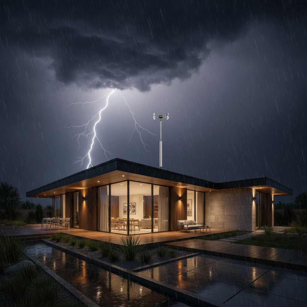 Nowoczesny dom jednorodzinny widziany z perspektywy ogrodu podczas burzy. W oddali na ciemnym, dramatycznym niebie widać błyskawicę. Dom jest subtelnie oświetlony od zewnątrz, co daje poczucie bezpieczeństwa i spokoju mimo niesprzyjającej pogody. Na dachu dyskretnie widoczny jest maszt aktywnego piorunochronu.