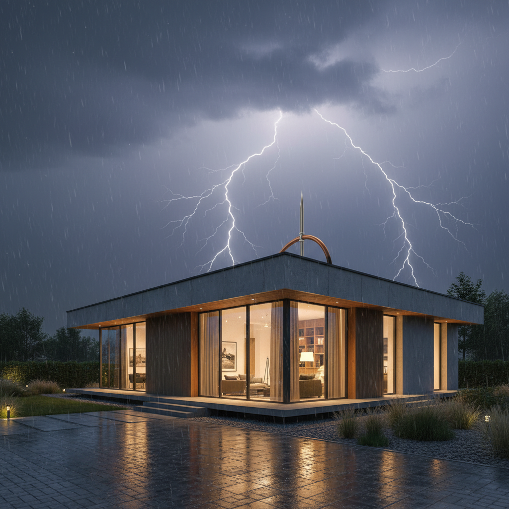 Nowoczesny dom jednorodzinny wieczorem podczas burzy. W oddali widać błyskawice, ale dom jest spokojnie oświetlony od wewnątrz, emanując bezpieczeństwem. Na dachu dyskretnie widoczny jest element instalacji odgromowej, symbolizujący ochronę.