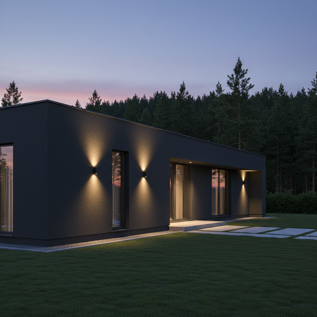 Elegancki, minimalistyczny dom o prostej, geometrycznej bryle z ciemnoszarą, niemal czarną elewacją. Strategiczne oświetlenie zewnętrzne podkreśla fakturę tynku i kształt budynku o zmierzchu. W tle widać las.