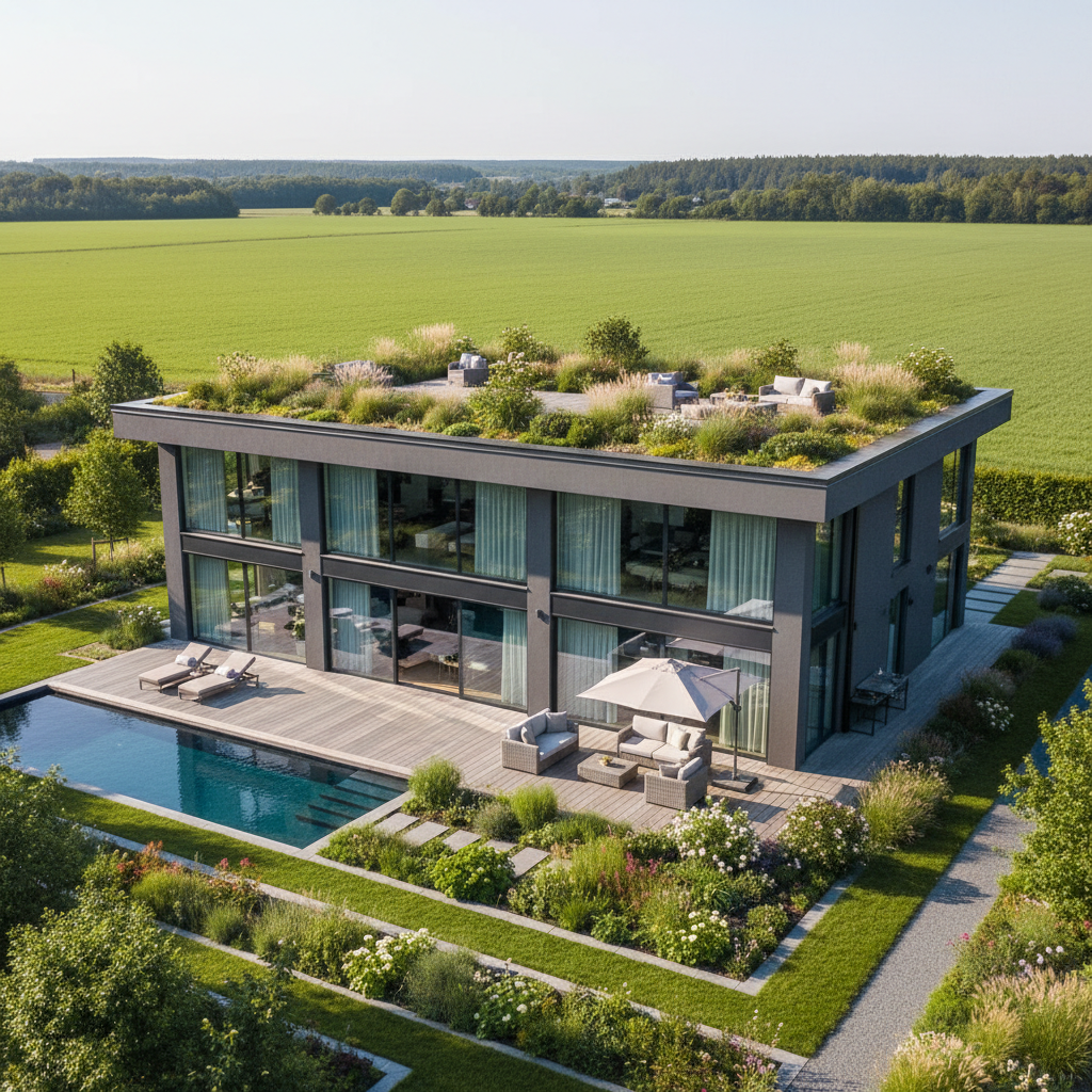 Elegancki, dwupiętrowy dom w stylu nowoczesnej stodoły z płaskim dachem, na którym urządzono zielony taras z roślinnością i meblami wypoczynkowymi. Widok z lotu ptaka w słoneczny dzień, podkreślający harmonię budynku z otoczeniem.