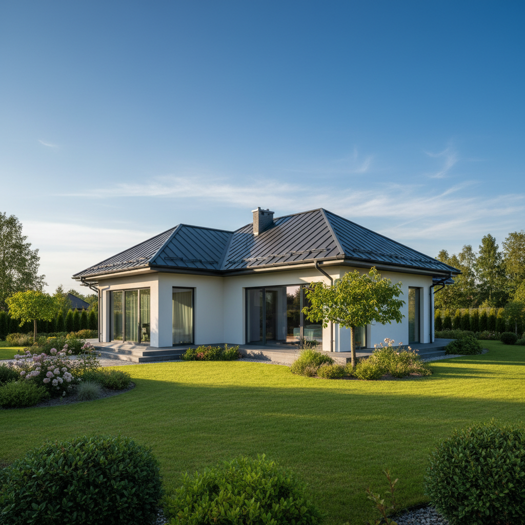 Panoramiczne ujęcie nowoczesnego domu jednorodzinnego z dachem pokrytym nową blachodachówką TALIA w kolorze antracytowym. Dom ma jasną elewację i duże okna. Dach lśni w popołudniowym słońcu, podkreślając smukły profil i eleganckie przetłoczenia. Otoczenie domu to zadbany ogród i błękitne niebo.