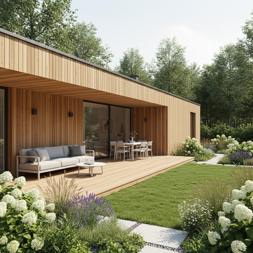 Piękny, nowoczesny dom z dużą drewnianą elewacją i tarasem, otoczony zadbanym ogrodem. Słoneczny, letni dzień. Drewno ma naturalny, zdrowy wygląd, podkreślający jego usłojenie. Realistyczne, jasne oświetlenie, styl skandynawski.