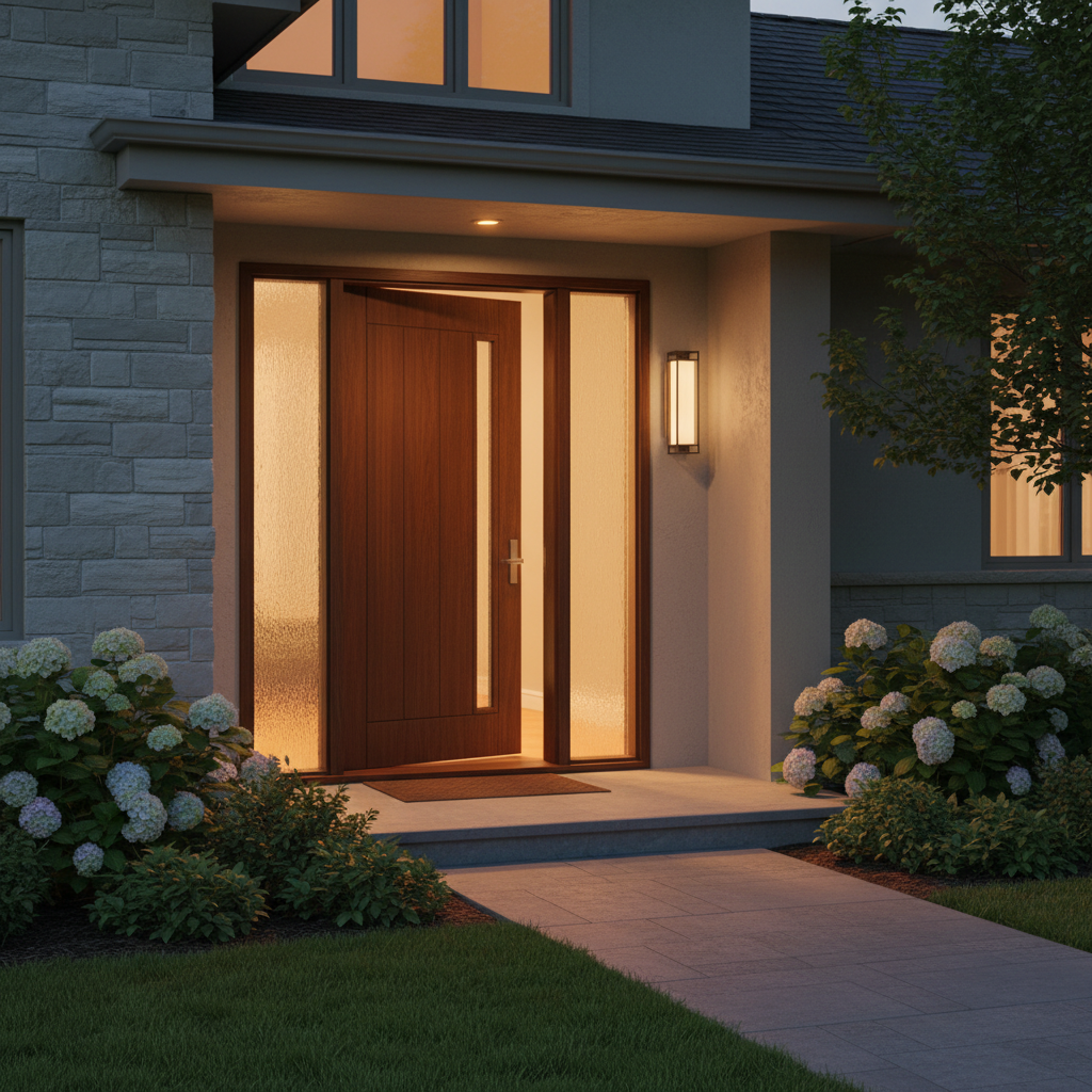 Eleganckie, nowoczesne drzwi wejściowe do domu jednorodzinnego, wykonane z ciemnego drewna z pionowym przeszkleniem. Drzwi są lekko uchylone, zapraszając do środka. Otoczenie to zadbany ogród i stylowa elewacja budynku, skąpane w ciepłym świetle zachodzącego słońca.