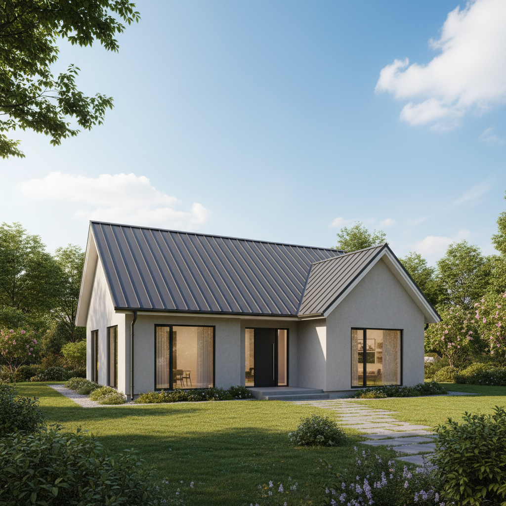 Fotorealistyczny obraz nowoczesnego domu jednorodzinnego o prostej, klasycznej bryle z dachem dwuspadowym pokrytym ciemnoszarą blachodachówką. Dom otoczony jest zadbanym, zielonym ogrodem w słoneczny dzień, niebo jest błękitne z kilkoma chmurami. Ciepłe, przytulne oświetlenie w oknach.