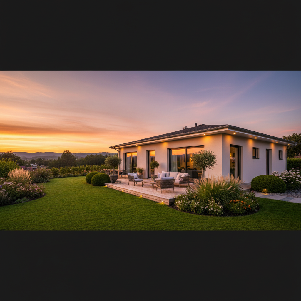 Panoramiczne ujęcie nowoczesnego domu jednorodzinnego o zachodzie słońca. Elewacja w ciepłym, jasnym kolorze jest pięknie oświetlona, podkreślając jej fakturę. Wokół domu jest zadbany, zielony ogród, a na tarasie widać meble ogrodowe, co tworzy przytulną i aspiracyjną atmosferę.