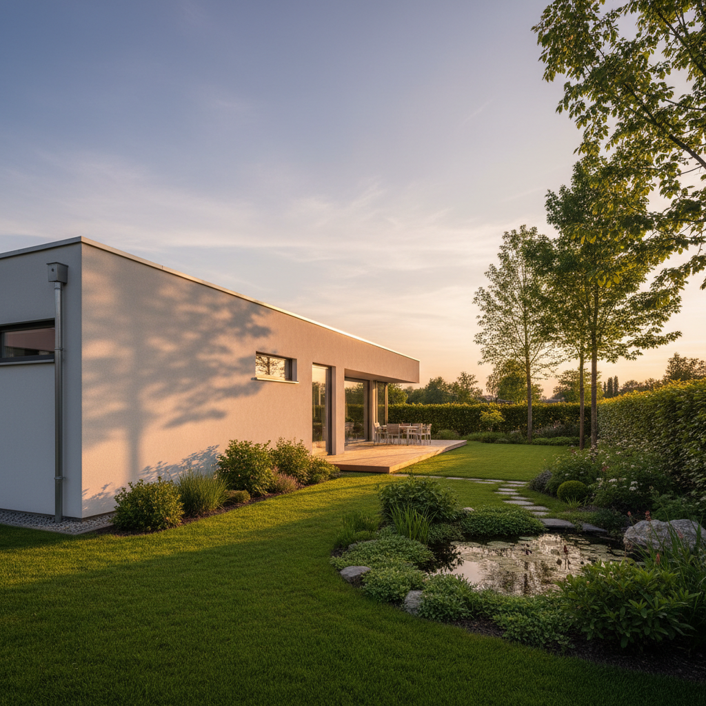 Nowoczesny dom jednorodzinny z jasną, czystą elewacją wykończoną tynkiem silikonowym, skąpany w popołudniowym słońcu. W tle zadbany ogród. Styl fotorealistyczny, ciepłe oświetlenie.