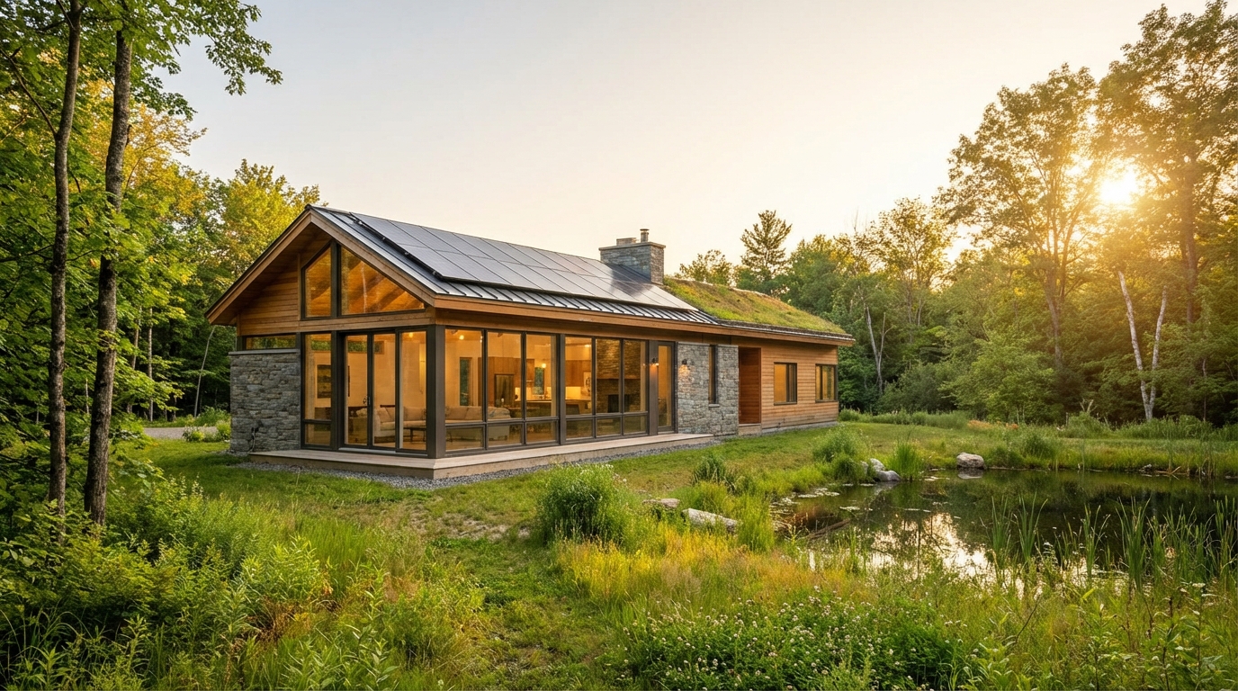 Piękny, nowoczesny dom jednorodzinny o prostej bryle, z dużymi przeszkleniami, idealnie wkomponowany w zielone, naturalne otoczenie. Architektura budynku podkreśla jego energooszczędny charakter. Zdjęcie wykonane w ciepłym świetle zachodzącego słońca, co nadaje mu przyjazny i ekologiczny wygląd.
