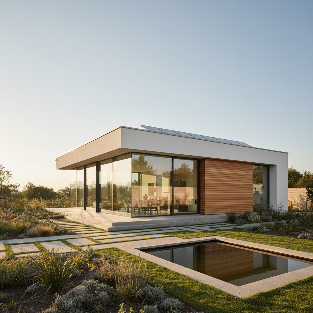 Nowoczesny dom jednorodzinny o prostej, minimalistycznej bryle, z dużymi przeszkleniami i jasną elewacją z elementami drewna. Na dachu widoczne są zintegrowane panele fotowoltaiczne. Budynek otacza starannie zaprojektowany ogród, a całość skąpana jest w ciepłym świetle słonecznym, co podkreśla jego ekologiczny i nowoczesny charakter. Zdjęcie w stylu profesjonalnej fotografii architektonicznej.