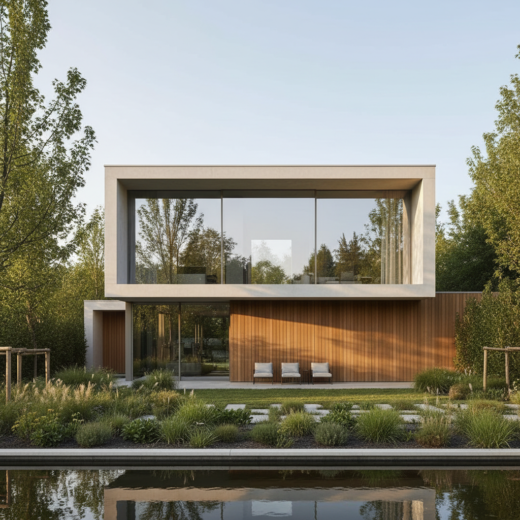 Nowoczesny, minimalistyczny dom jednorodzinny o prostej bryle, z dużymi przeszkleniami, otoczony zielenią. Słońce delikatnie oświetla fasadę, podkreślając czystość linii i jakość materiałów. Zdjęcie ma ciepły, aspiracyjny charakter, sugerując komfort i harmonię z naturą.