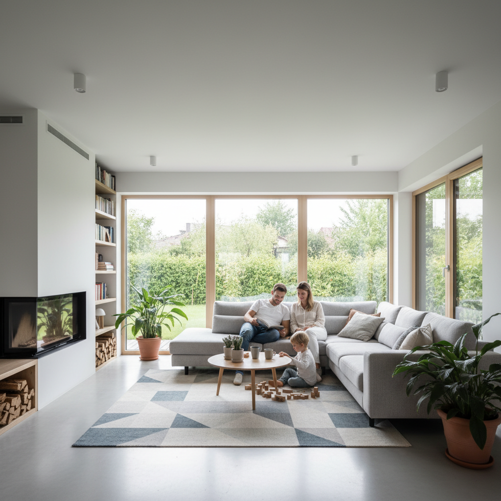 Jasny i przestronny salon w nowoczesnym polskim domu jednorodzinnym, urządzony w minimalistycznym, skandynawskim stylu. Przez duże, trzyszybowe okna wpada miękkie, naturalne światło, ukazując widok na zielony ogród. Młoda rodzina komfortowo odpoczywa na kanapie, co tworzy atmosferę ciepła, bezpieczeństwa i domowego spokoju. Styl fotorealistyczny, wysoka szczegółowość.
