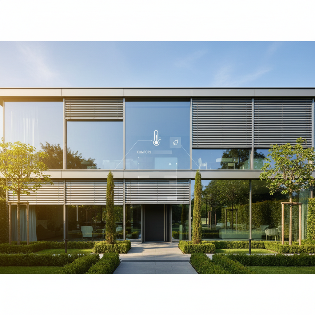 Elegancka, nowoczesna fasada domu z dużymi przeszkleniami w słoneczny dzień. Automatyczne żaluzje fasadowe są częściowo opuszczone, chroniąc wnętrze przed przegrzaniem, jednocześnie wpuszczając do środka rozproszone światło. Obraz ma podkreślać inteligencję budynku, który sam reaguje na warunki pogodowe, dbając o komfort i oszczędność energii.