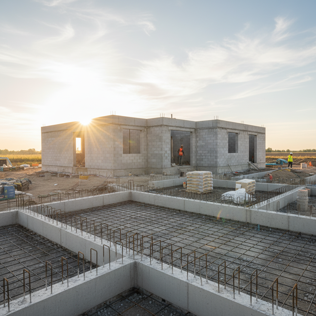 Fotorealistyczne ujęcie budowy nowoczesnego domu jednorodzinnego w słoneczny dzień. Na pierwszym planie widać czyste, precyzyjnie wykonane fundamenty z wystającym zbrojeniem. W tle wznoszą się ściany parteru. Ciepłe, optymistyczne oświetlenie, symbolizujące solidny start inwestycji.