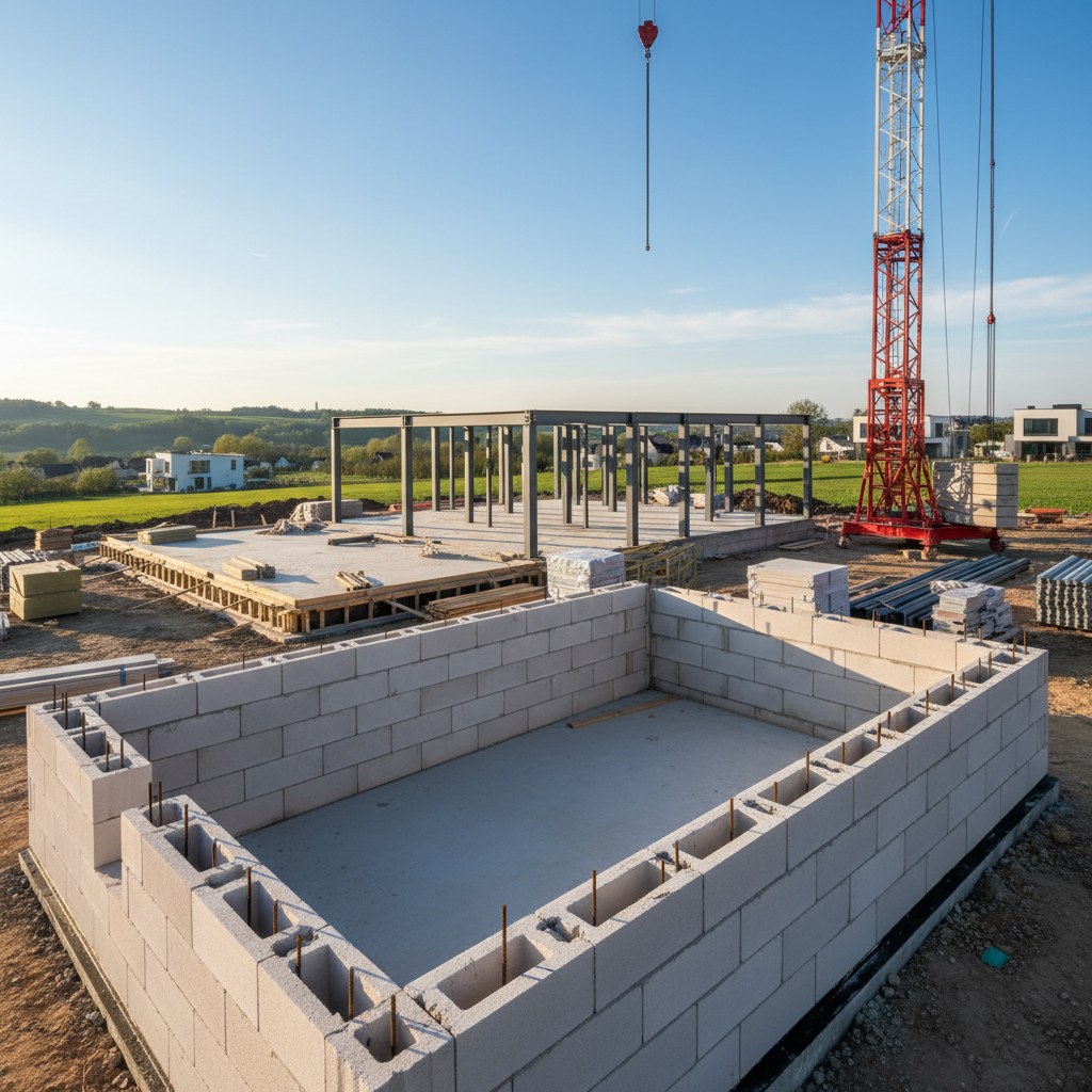Piękny, nowoczesny dom jednorodzinny w trakcie budowy, pokazany z szerokiej perspektywy w słoneczny dzień. Na pierwszym planie wyraźnie widać czyste i precyzyjnie wykonane ściany fundamentowe z szarych pustaków szalunkowych. Obraz ma oddawać poczucie jakości, nowoczesnej technologii i ekscytującego procesu budowy wymarzonego domu.
