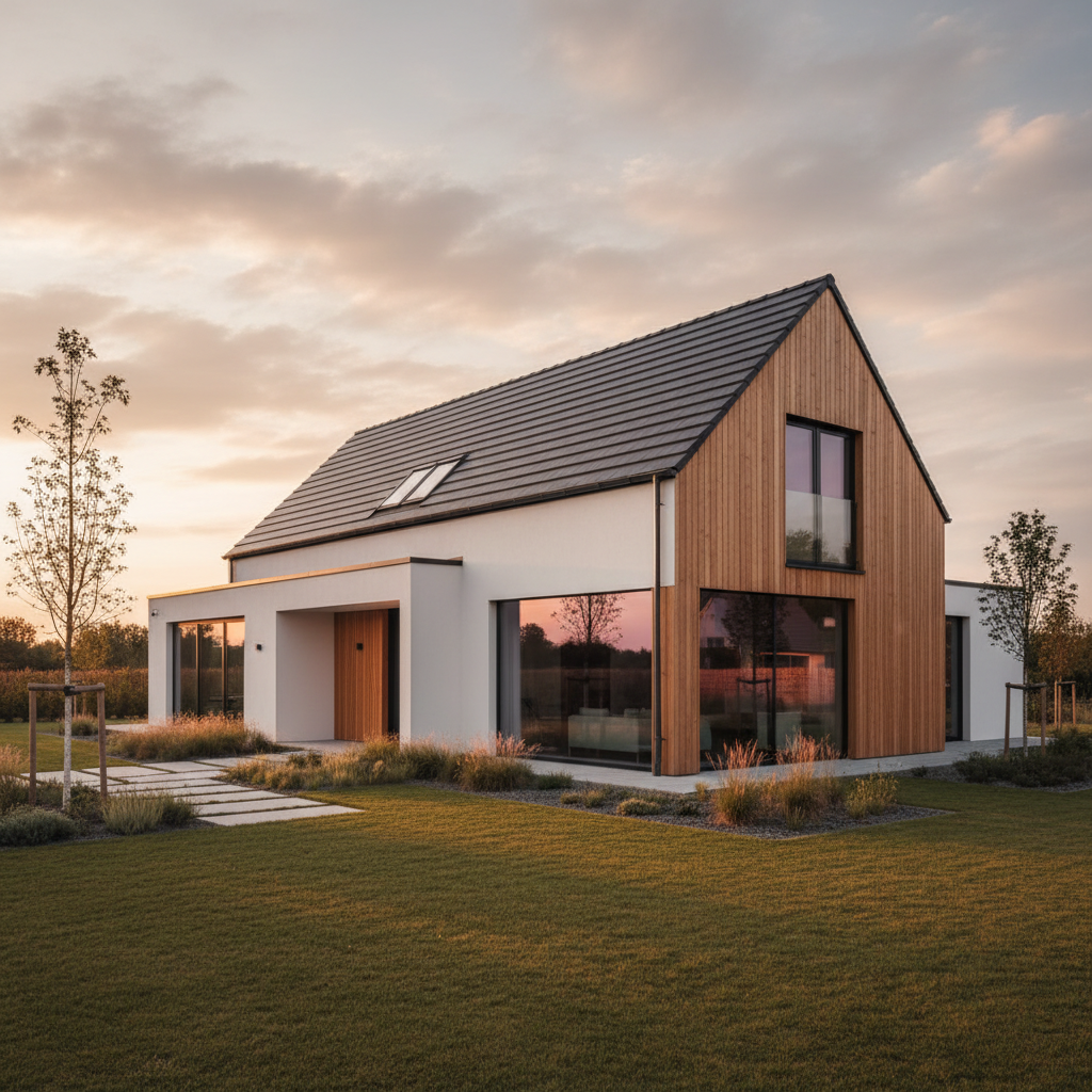 Nowoczesny dom jednorodzinny typu "nowoczesna stodoła" z dwuspadowym dachem, sfotografowany o złotej godzinie. Dach pokryty jest ciemnoszarą, grafitową dachówką płaską. Elewacja to połączenie białego tynku z dużymi panelami z naturalnego, ciepłego drewna. Duże przeszklenia odbijają zachodzące słońce. Wokół domu zadbany ogród z minimalistycznymi nasadzeniami. Zdjęcie emanuje spokojem, harmonią i nowoczesną elegancją.