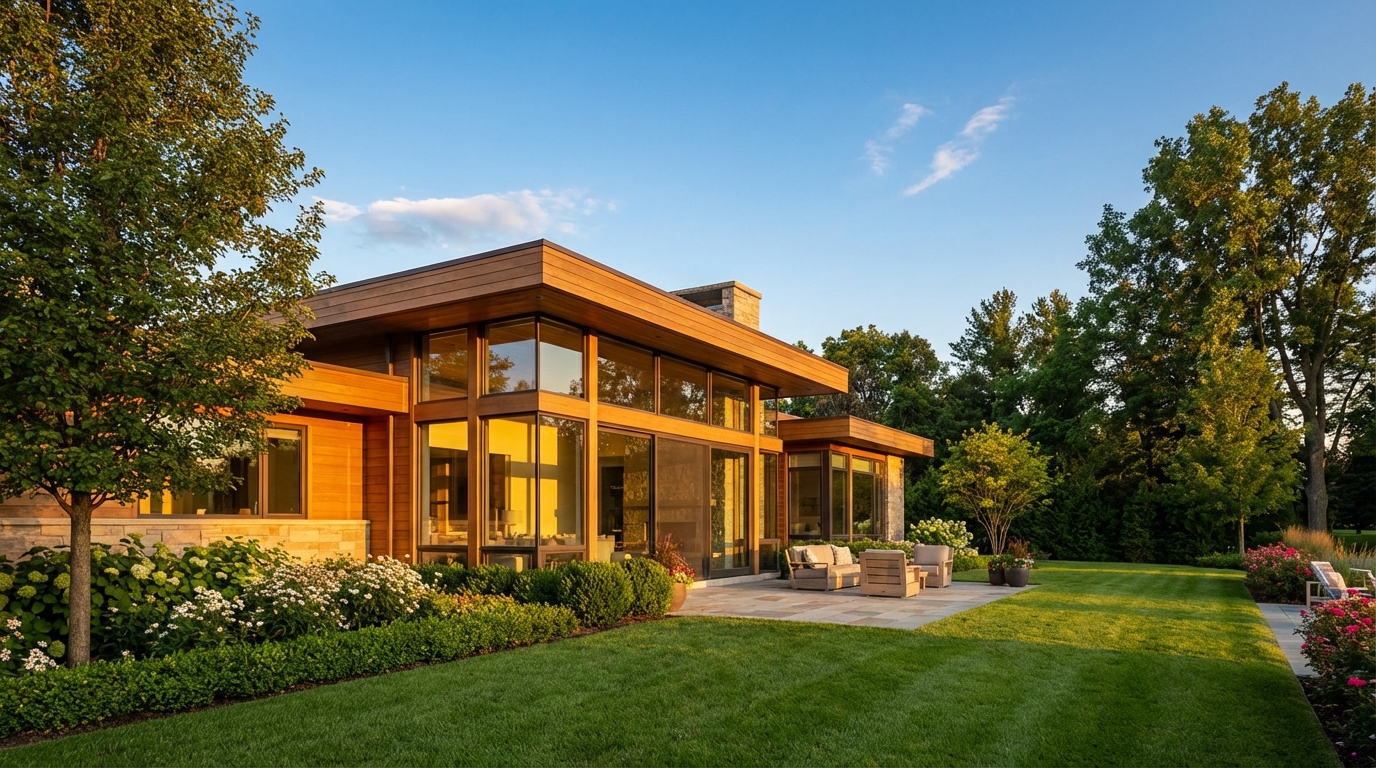 Piękny, nowoczesny dom z dużymi przeszkleniami, skąpany w ciepłym świetle popołudniowego słońca. Budynek jest idealnie wkomponowany w zadbany, zielony ogród na tyłach posesji. W tle widać błękitne niebo. Całość tworzy sielski, aspiracyjny obraz wymarzonego miejsca do życia, co doskonale oddaje temat optymalnego planowania.