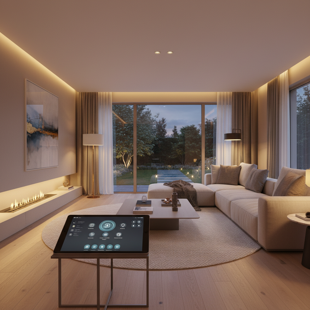 Nowoczesny, jasny salon z dużymi oknami wychodzącymi na ogród o zmierzchu. Na stoliku kawowym leży tablet z interfejsem do sterowania domem. Oświetlenie w pomieszczeniu jest subtelne, wielopunktowe i tworzy ciepłą, przytulną atmosferę. Widać delikatnie podświetlone wnęki oraz eleganckie lampy. Całość ma wyglądać luksusowo, komfortowo i technologicznie zaawansowanie, sugerując pełną kontrolę nad otoczeniem.