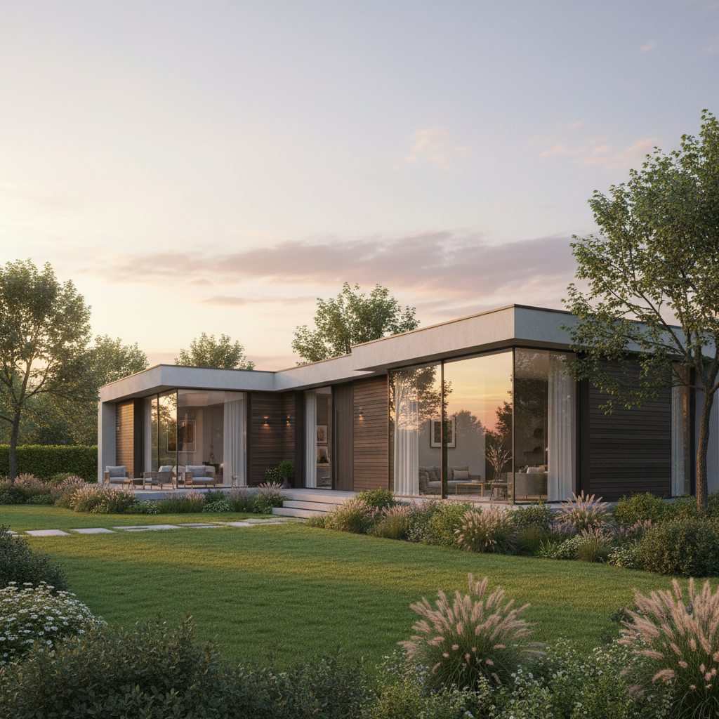 Nowoczesny dom jednorodzinny z dużymi przeszkleniami i drewnianymi elementami elewacji, skąpany w ciepłym świetle zachodzącego słońca. W tle widać zadbany ogród. Dom emanuje spokojem i komfortem, sugerując dobrze przemyślaną przestrzeń wewnątrz.