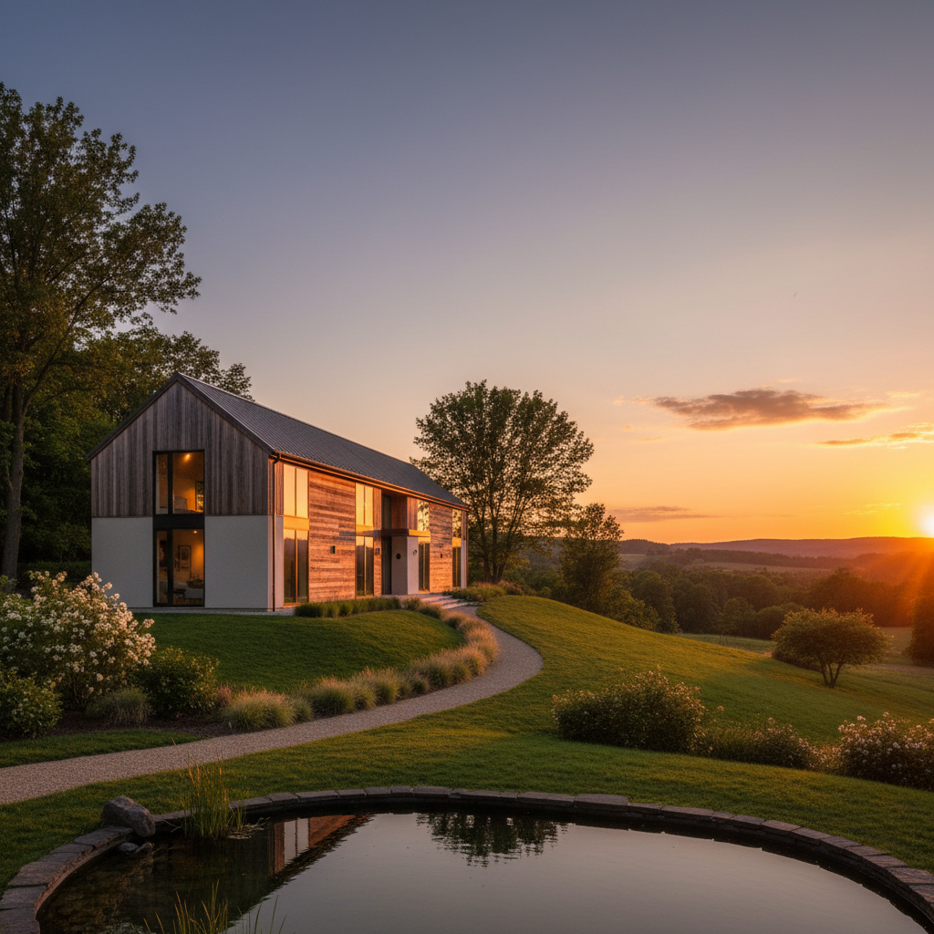 Nowoczesny dom jednorodzinny w stylu stodoły, z elewacją łączącą jasny tynk i naturalne drewno, harmonijnie wpisany w zielony, pagórkowaty krajobraz o zachodzie słońca.