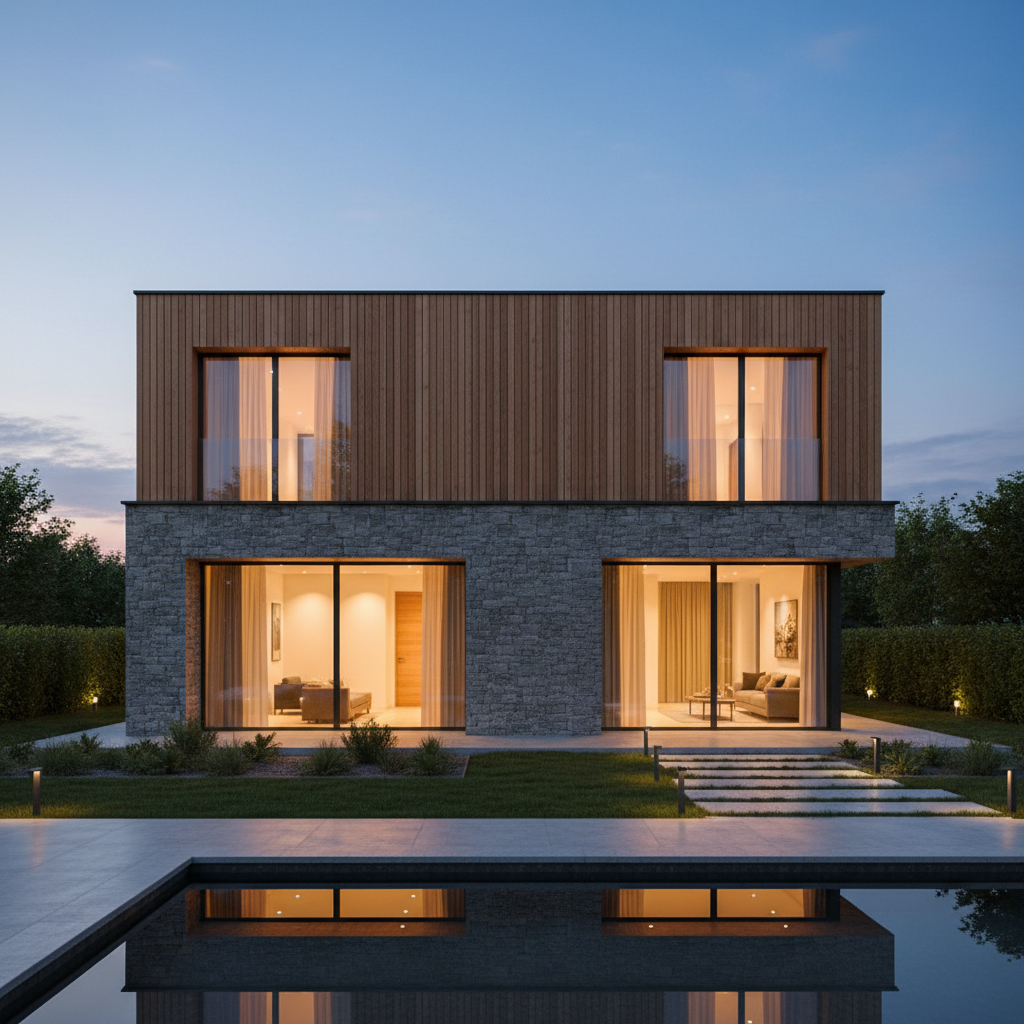 Elegancki, nowoczesny dom jednorodzinny o prostej bryle, sfotografowany o zmierzchu z włączonymi, ciepłymi światłami wewnątrz. Parter jest wykończony szarym, surowym kamieniem elewacyjnym, a piętro pokryte jest pionowymi, ciepłymi deskami z drewna modrzewiowego. Duże, panoramiczne okna i minimalistyczny ogród dopełniają luksusowego wyglądu.