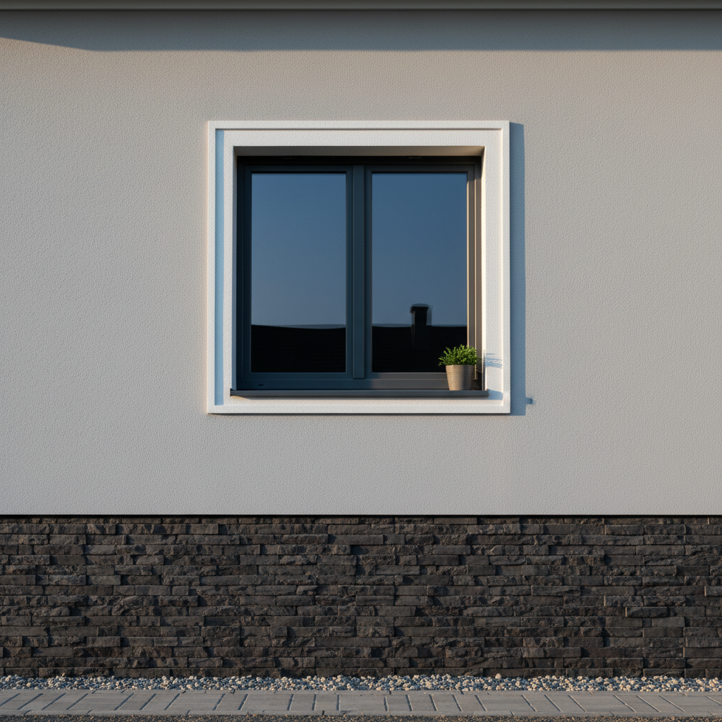 Zbliżenie na fragment elewacji domu, gdzie jasnoszara ściana kontrastuje z eleganckim, ciemnym cokołem oraz ozdobną, białą opaską wokół okna. Kompozypozycja pokazuje, jak umiejętnie dobrane akcenty kolorystyczne podkreślają detale architektoniczne.