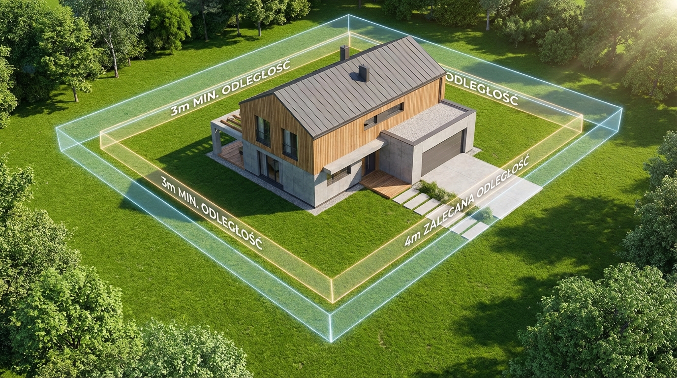 Wizualizacja 3D przedstawiająca nowoczesny dom jednorodzinny na zielonej działce. Widoczne są półprzezroczyste linie wyznaczające wymagane odległości 3 i 4 metry od granic działki, co obrazuje, jak przepisy kształtują umiejscowienie budynku na terenie.