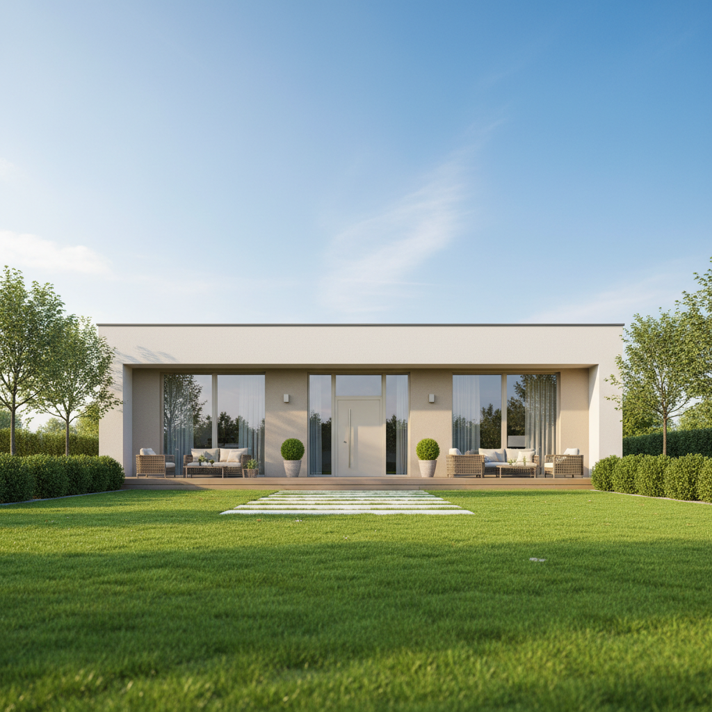 Nowoczesny, parterowy dom jednorodzinny z dużymi przeszkleniami i jasną elewacją, usytuowany na zadbanej, zielonej działce. W tle widać błękitne niebo. Kompozycja zdjęcia jest ciepła i zachęcająca, sugerując, że budowa na trudniejszym gruncie może zakończyć się pełnym sukcesem i stworzeniem wymarzonego miejsca do życia.