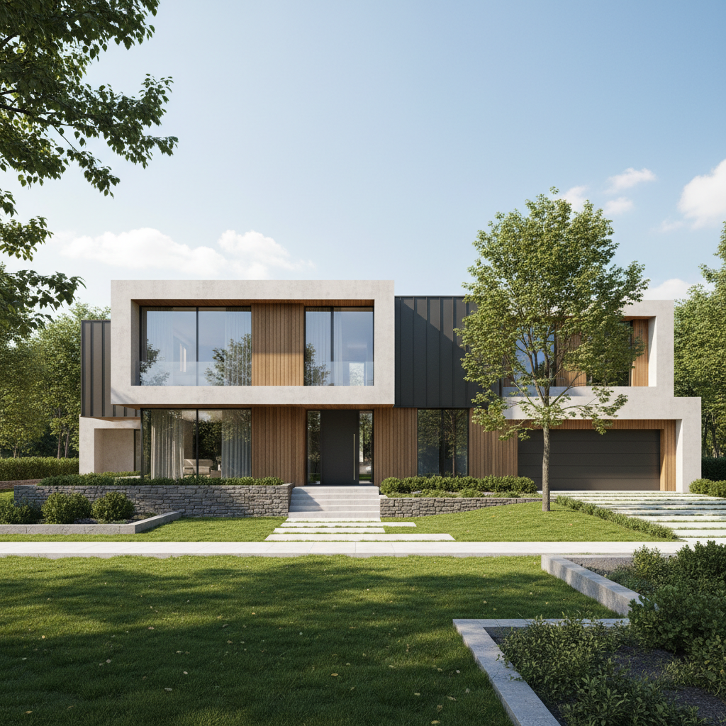 Nowoczesny dom jednorodzinny z dużymi przeszkleniami, posadowiony na solidnym, lekko wznoszącym się terenie. Czyste linie architektoniczne i zadbany ogród podkreślają stabilność i bezpieczeństwo konstrukcji. Słoneczny dzień, błękitne niebo.