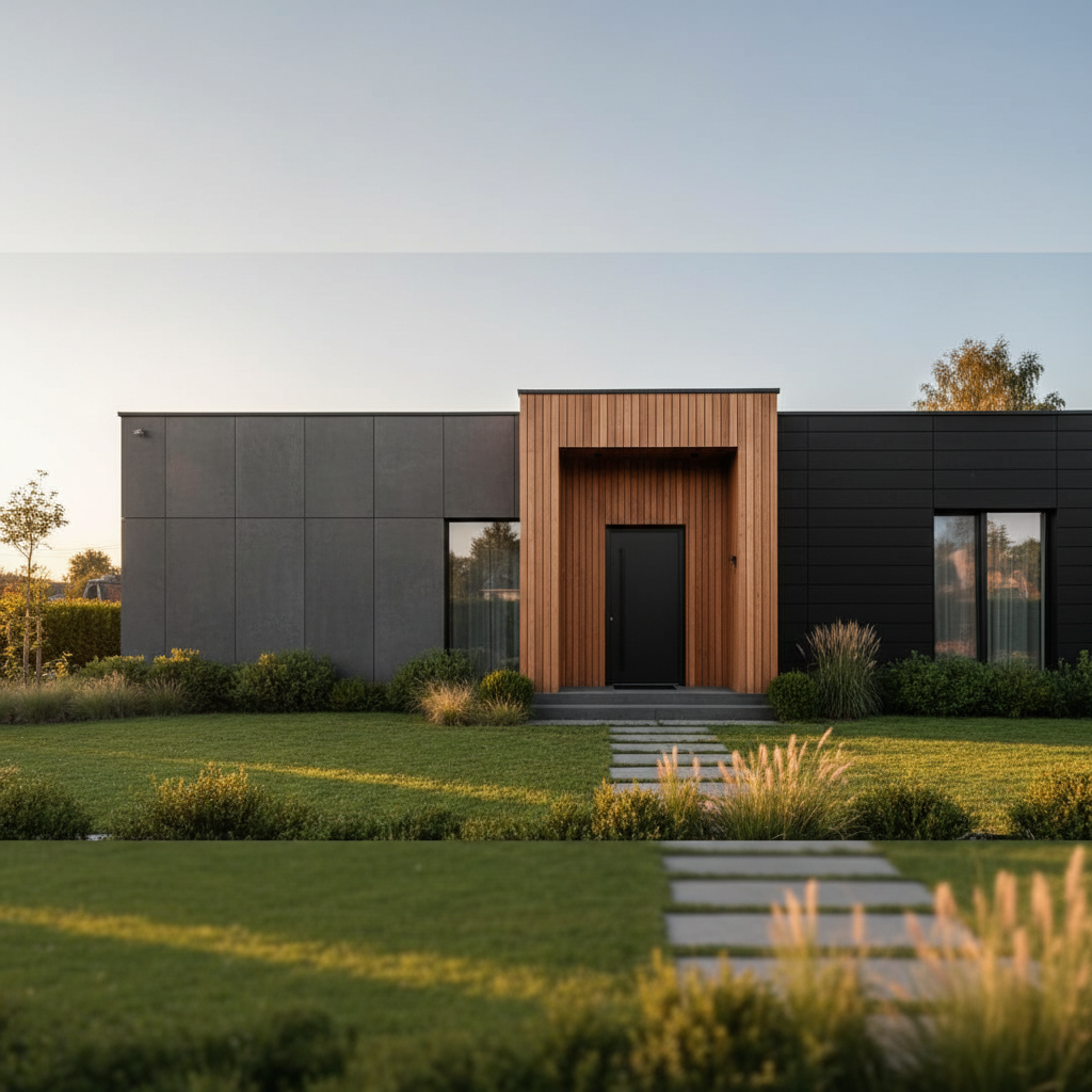 Szerokie ujęcie nowoczesnego domu jednorodzinnego o minimalistycznej bryle. Fasada jest połączeniem trzech materiałów: dużych, gładkich paneli z ciemnoszarego betonu architektonicznego, ciepłych, pionowych desek z drewna egzotycznego wokół wejścia oraz fragmentu ściany pokrytego czarnymi płytami kompozytowymi. Dom otoczony jest zadbanym ogrodem, a scena skąpana jest w ciepłym świetle zachodzącego słońca, co podkreśla teksturę i kolor materiałów.