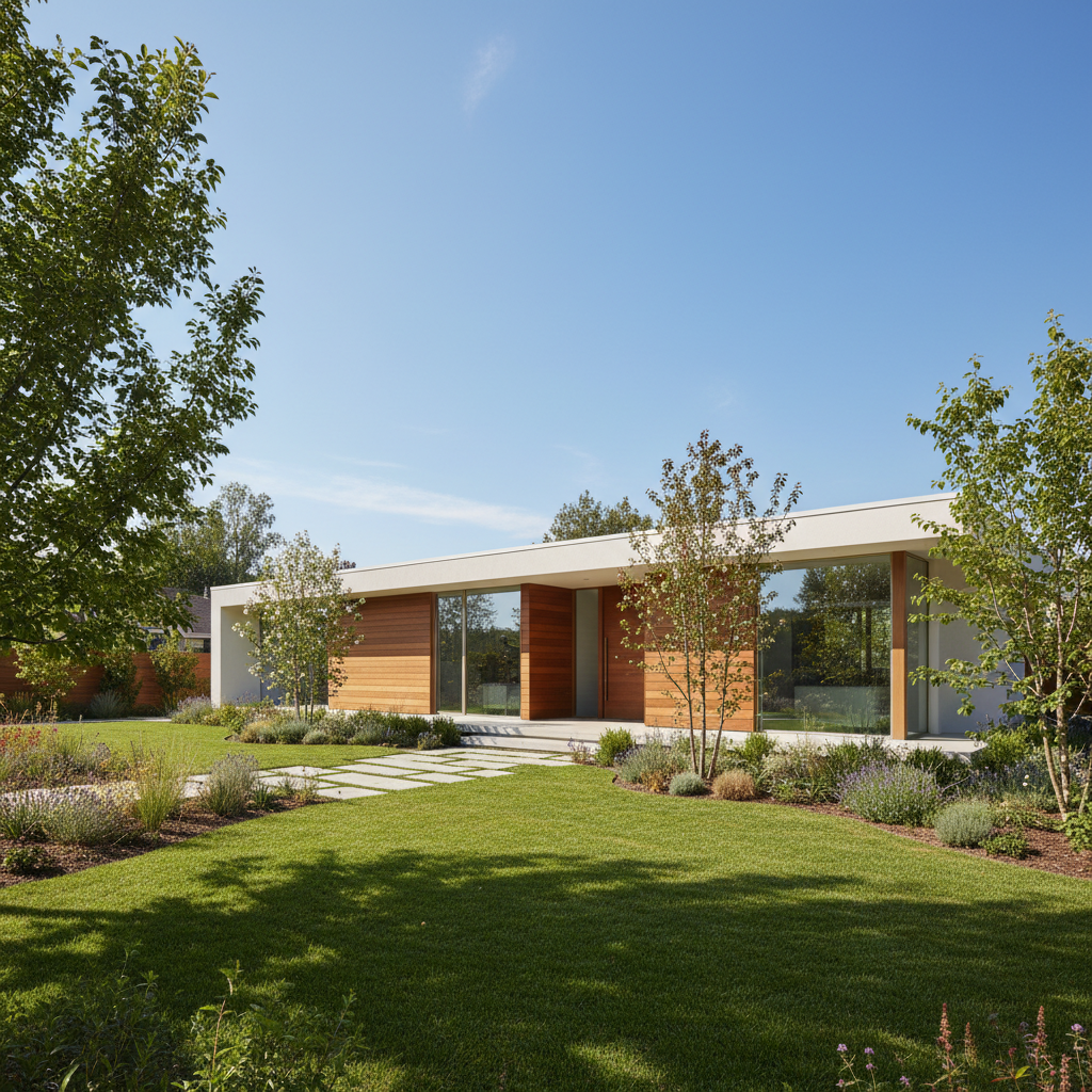 Piękny, nowoczesny dom jednorodzinny z jasną, idealnie gładką elewacją, otoczony zadbanym ogrodem w słoneczny dzień. Obraz ma symbolizować bezpieczeństwo, estetykę i komfort cieplny, będące wynikiem prawidłowo wykonanego ocieplenia.