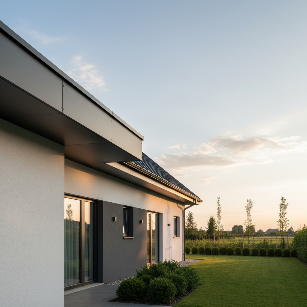 Szerokie ujęcie nowoczesnego domu jednorodzinnego o prostej, minimalistycznej bryle, skąpanego w ciepłym świetle późnego popołudnia. Elewacja w odcieniach bieli i grafitu. Dach pokryty jest płaską, antracytową blachodachówką. Ostry cień rzucany przez okap dachu wyraźnie eksponuje idealnie dopasowaną, gładką, stalową podbitkę dachową w tym samym kolorze co dach, tworząc spójną i elegancką całość. W tle widać zadbany ogród i błękitne niebo z kilkoma delikatnymi chmurami.