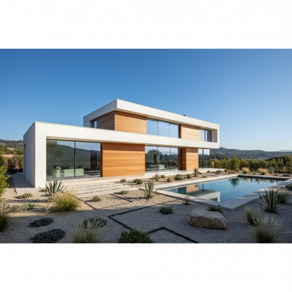 Zdjęcie nowoczesnego domu jednorodzinnego o prostej, minimalistycznej bryle. Elewacja łączy biały tynk z panelami z drewna cedrowego i dużymi przeszkleniami. Dom otoczony jest starannie zaprojektowanym, minimalistycznym ogrodem w słoneczny dzień.