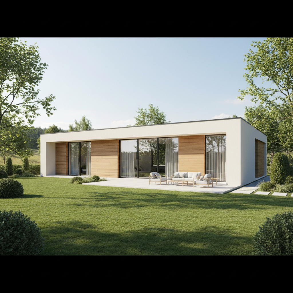 Nowoczesny, minimalistyczny dom jednorodzinny z jasną, idealnie gładką elewacją, częściowo wykończoną naturalnym drewnem. Budynek otoczony jest zadbanym ogrodem w słoneczny, letni dzień. Czyste linie architektoniczne i duże przeszklenia podkreślają estetykę premium i energooszczędny charakter domu.