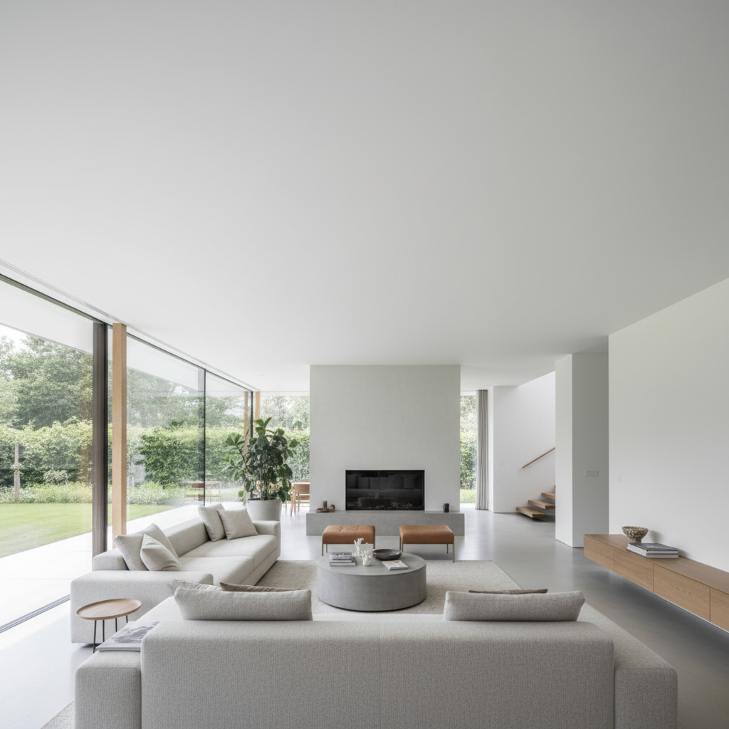 Szerokie ujęcie przestronnego, jasnego salonu w nowoczesnym domu jednorodzinnym. Wnętrze jest minimalistyczne, z dużymi oknami wychodzącymi na ogród. Centralnym punktem jest idealnie gładki, biały sufit bez żadnych widocznych łączeń czy belek, co podkreśla elegancję i spójność konstrukcji stropu monolitycznego. Światło naturalne delikatnie odbija się od jego powierzchni, tworząc wrażenie jeszcze większej przestrzeni. W tle widać fragment schodów prowadzących na piętro.