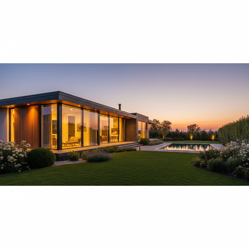 Nowoczesny dom jednorodzinny z dużymi oknami, oświetlony od wewnątrz ciepłym światłem, sfotografowany tuż po zachodzie słońca. Wokół domu zadbany ogród, a na niebie widać ostatnie barwy zmierzchu. Obraz ma tworzyć poczucie bezpieczeństwa, komfortu i nowoczesności.