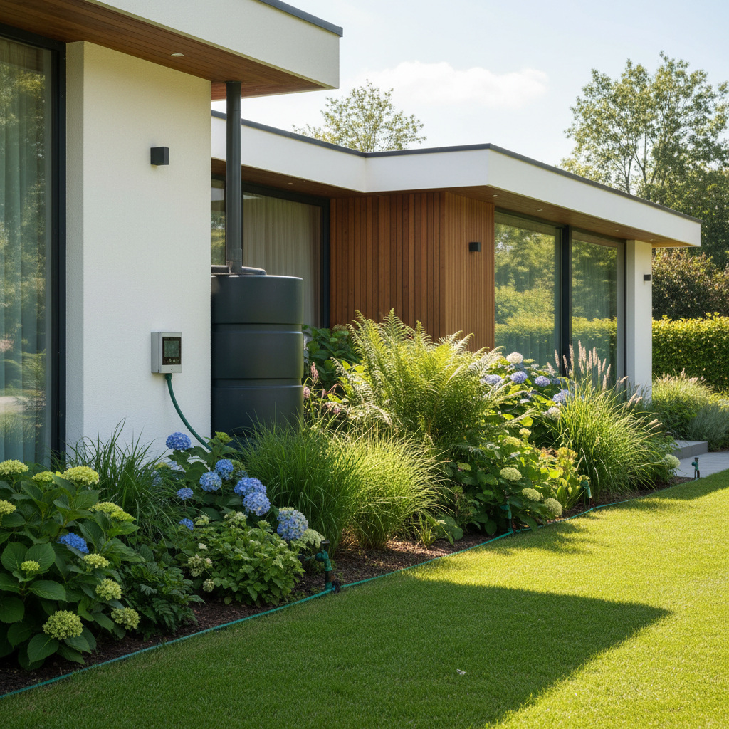 Nowoczesny dom jednorodzinny z zadbanym, bujnie zielonym ogrodem w słoneczny dzień. W tle dyskretnie widoczny estetyczny zbiornik na deszczówkę oraz elementy systemu nawadniania, co symbolizuje inteligentne i ekologiczne zarządzanie wodą na posesji.