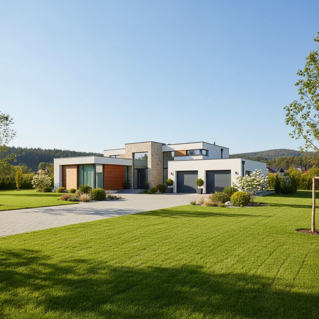 Nowoczesny dom jednorodzinny z idealnie zadbanym, zielonym trawnikiem i podjazdem. Słoneczny dzień, bezchmurne niebo. Dom i ogród są symbolem spokoju i spełnionych marzeń. Zbiornik na szambo jest niewidoczny, co podkreśla, że prawidłowo wykonana instalacja jest dyskretna i nie zakłóca estetyki posesji.