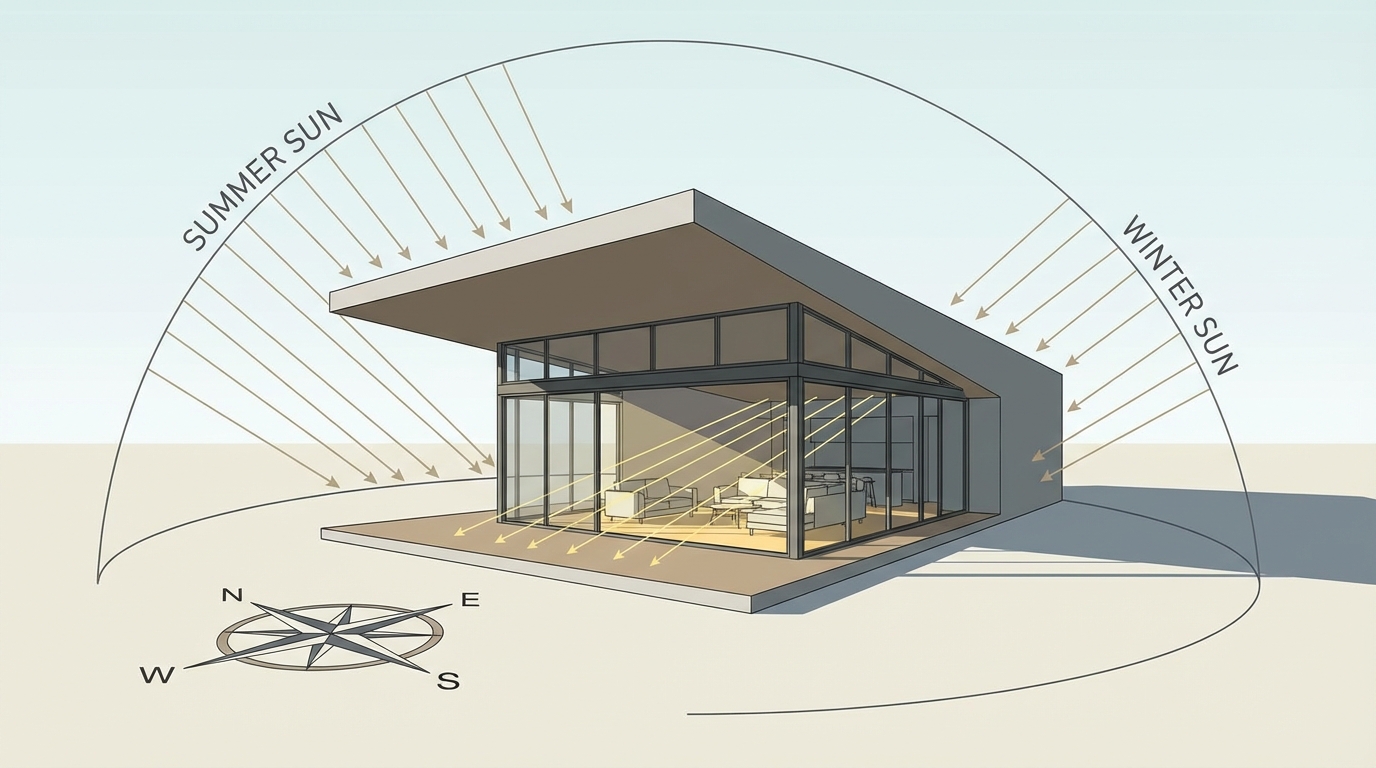 Nowoczesna bryła domu z wyraźnie zaznaczonymi stronami świata i trajektorią słońca w lecie (wysoko na niebie) i zimie (nisko nad horyzontem). Grafika pokazuje, jak zimowe promienie słoneczne wpadają głęboko do salonu z dużymi przeszkleniami, a letnie są blokowane przez wysunięty okap dachu. Styl minimalistyczny, edukacyjny.
