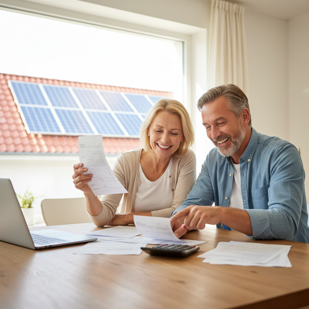 Radosna para w średnim wieku przegląda domowe rachunki przy stole w jasnej kuchni lub salonie, uśmiechając się. W tle przez okno widać fragment dachu z kolektorami słonecznymi. Obraz symbolizuje spokój finansowy i satysfakcję z inwestycji.